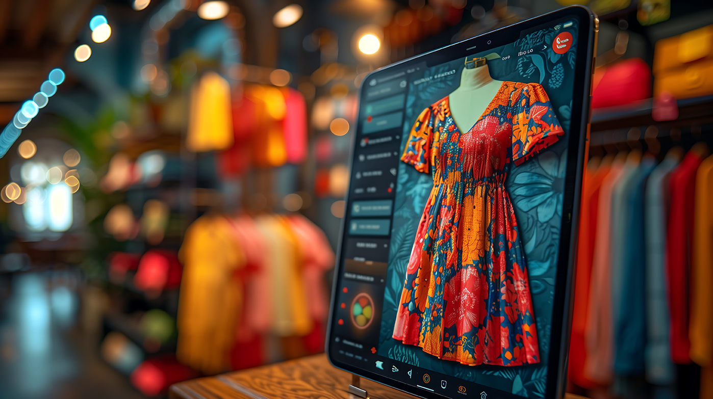 Auf dem Laptop ein Bild eines Webshops wo Kleider angeboten werden