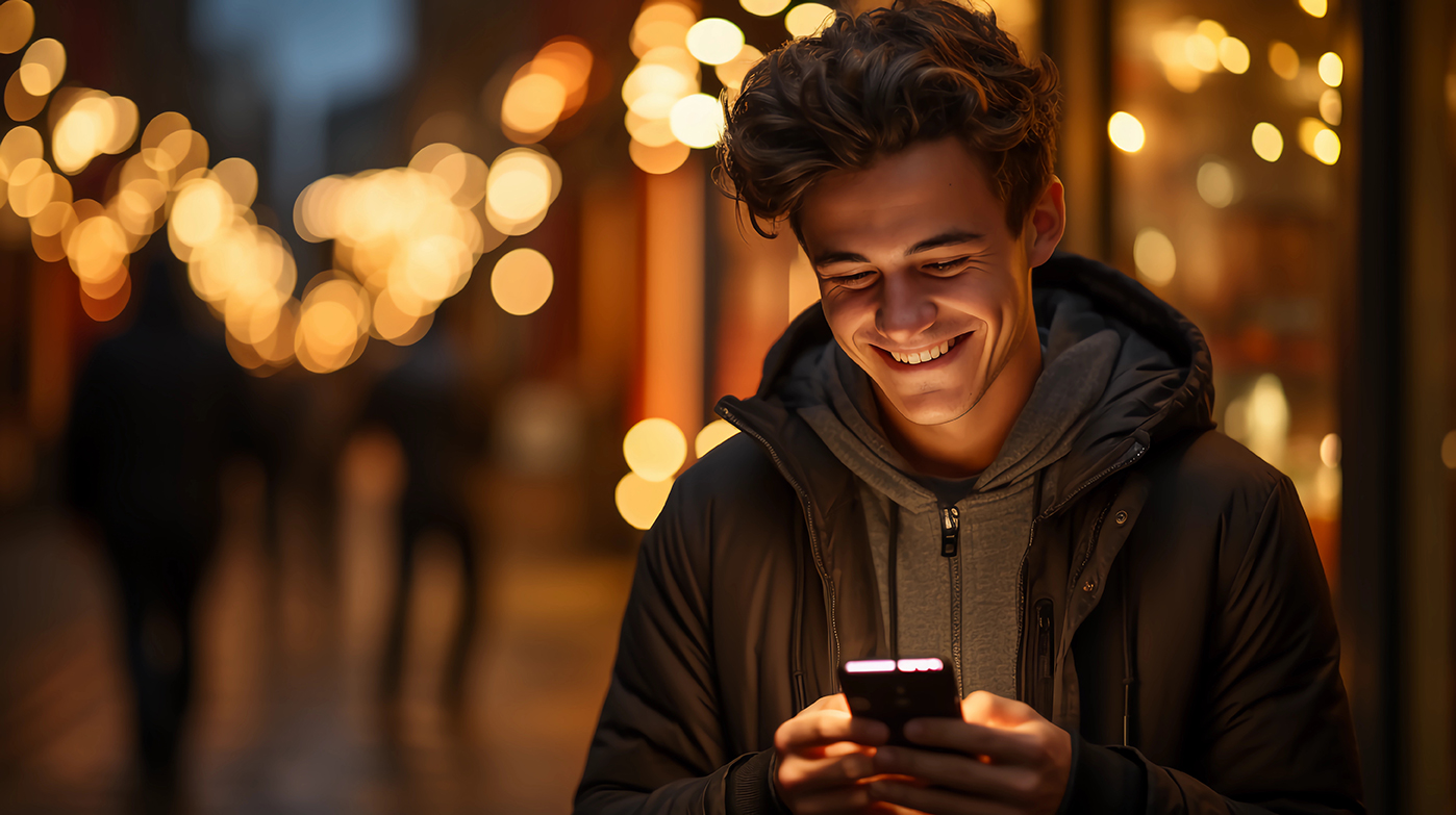 Bild: Ein Mann schaut aus sein handy und zeigt Emotionen (Lachen)